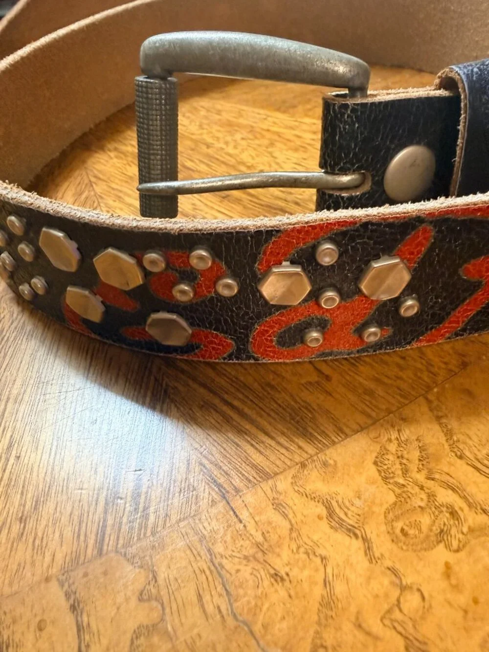 2 Vintage ED HARDY Belts Black & White Studded Tattooed Leather Skull Heart 34